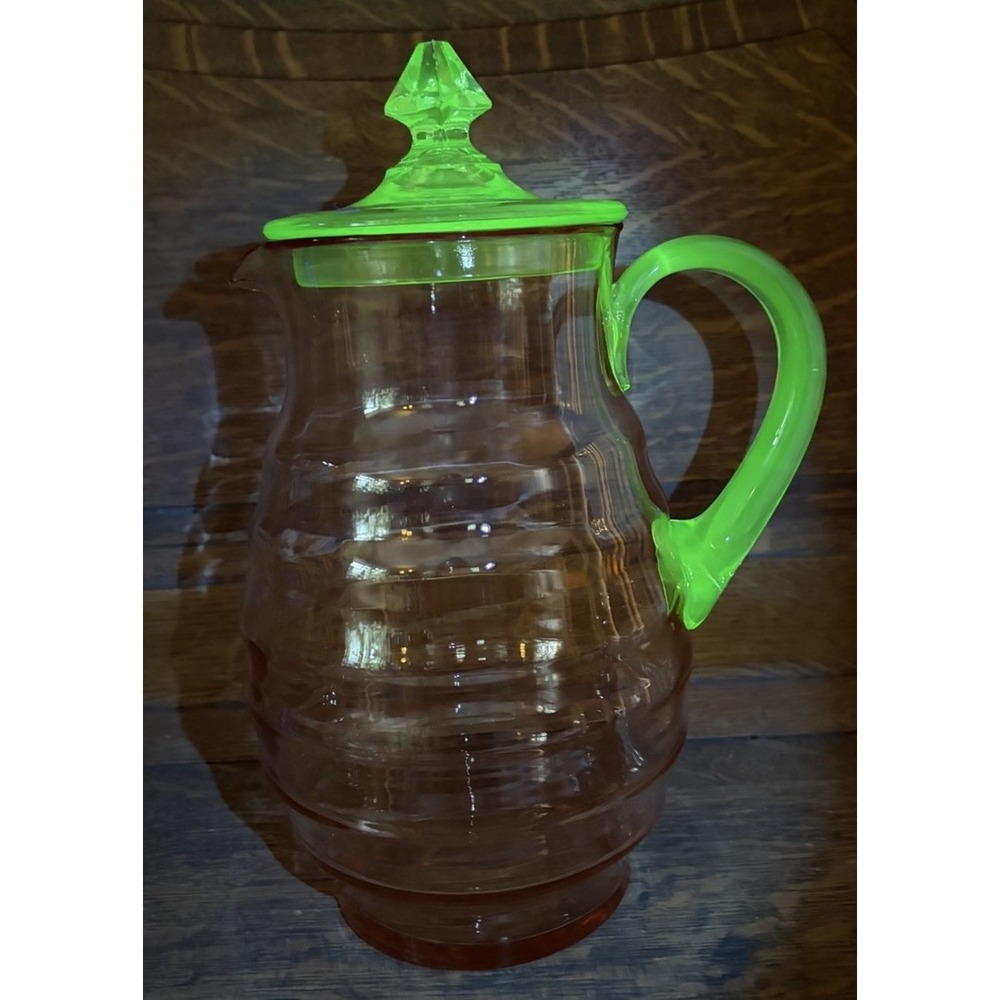 vintage watermelon beehive uranium glass pitcher with lid 11"